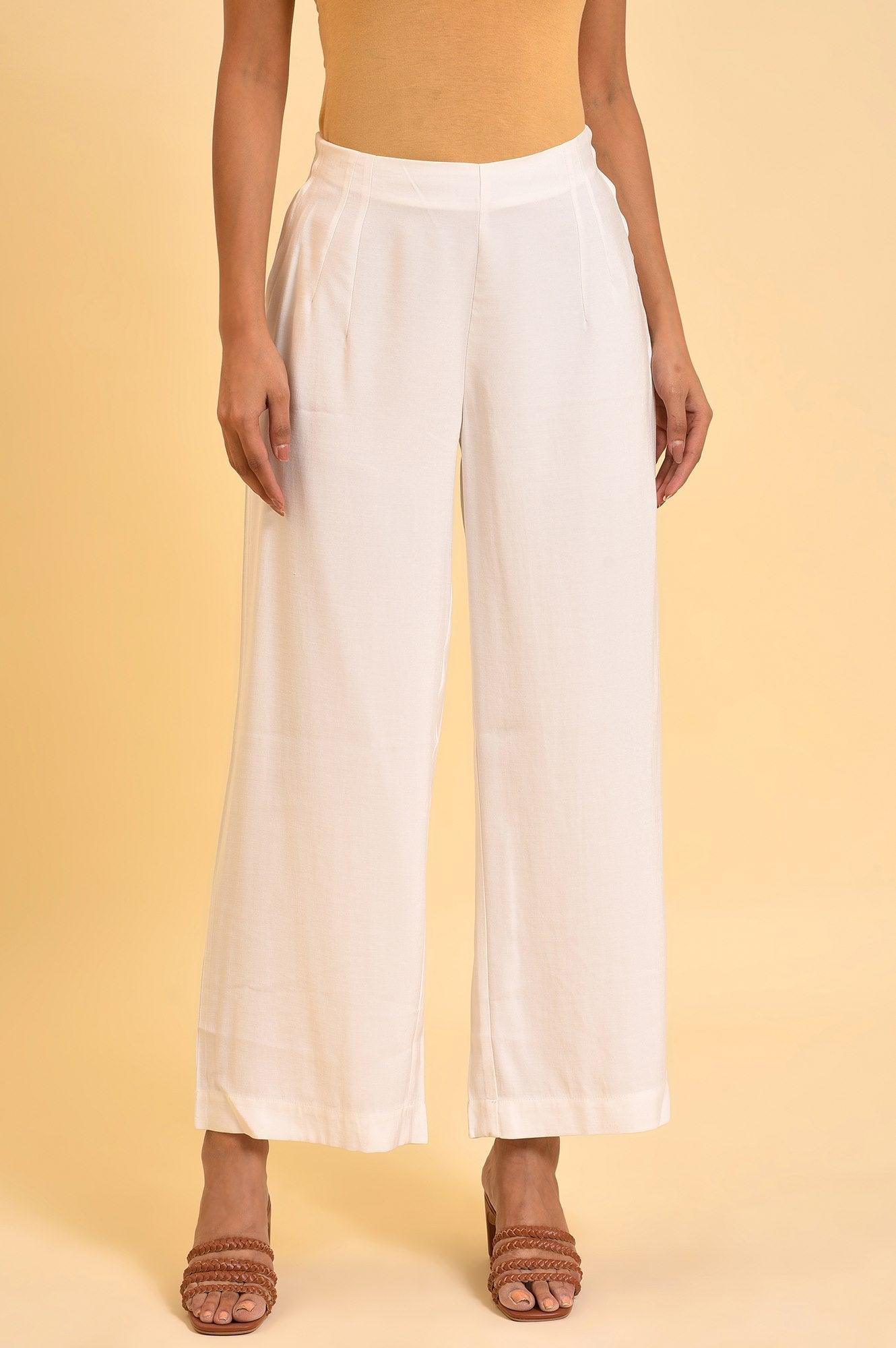 W for Woman Ecru Inverted Box Pleats Flared Pants