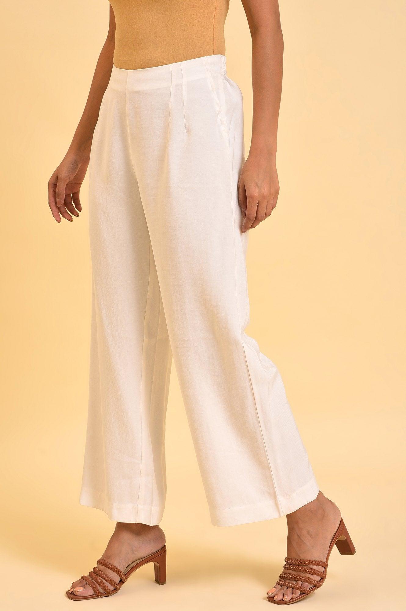 W for Woman Ecru Inverted Box Pleats Flared Pants