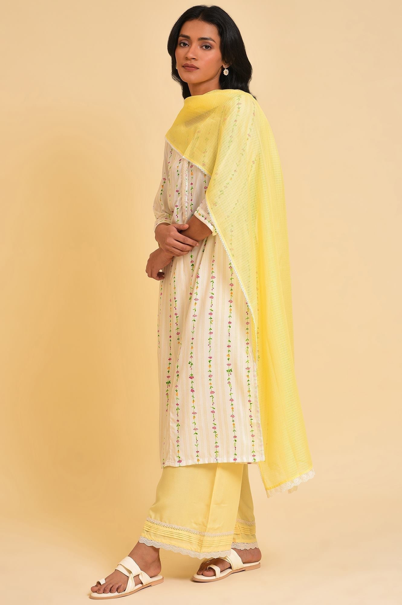 W for Woman Light Yellow Kota Dupatta With Lace