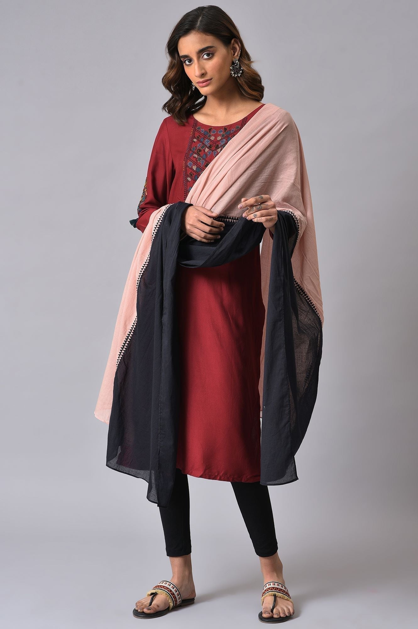 W for Woman Pink & Black Colourblock Voile Dupatta