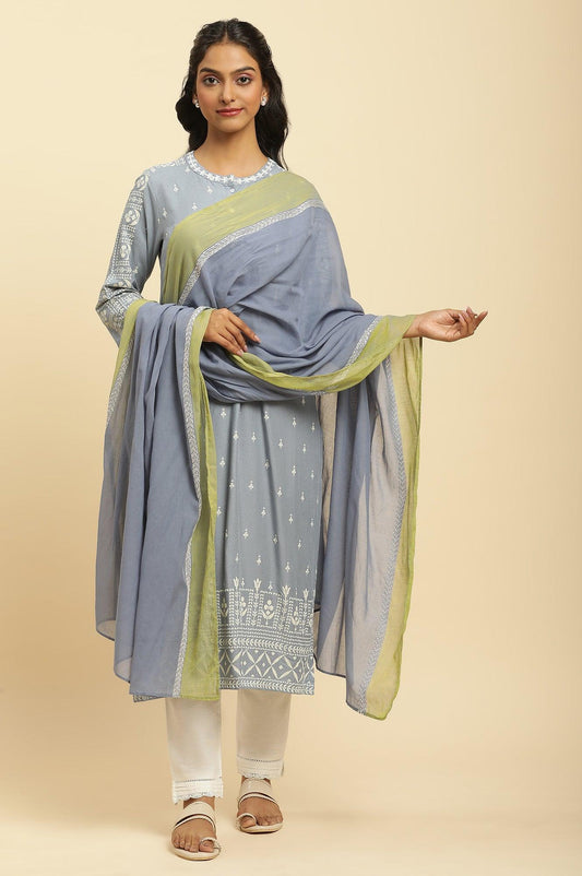 W for Woman Celery Green And Blue Colour Block Dupatta