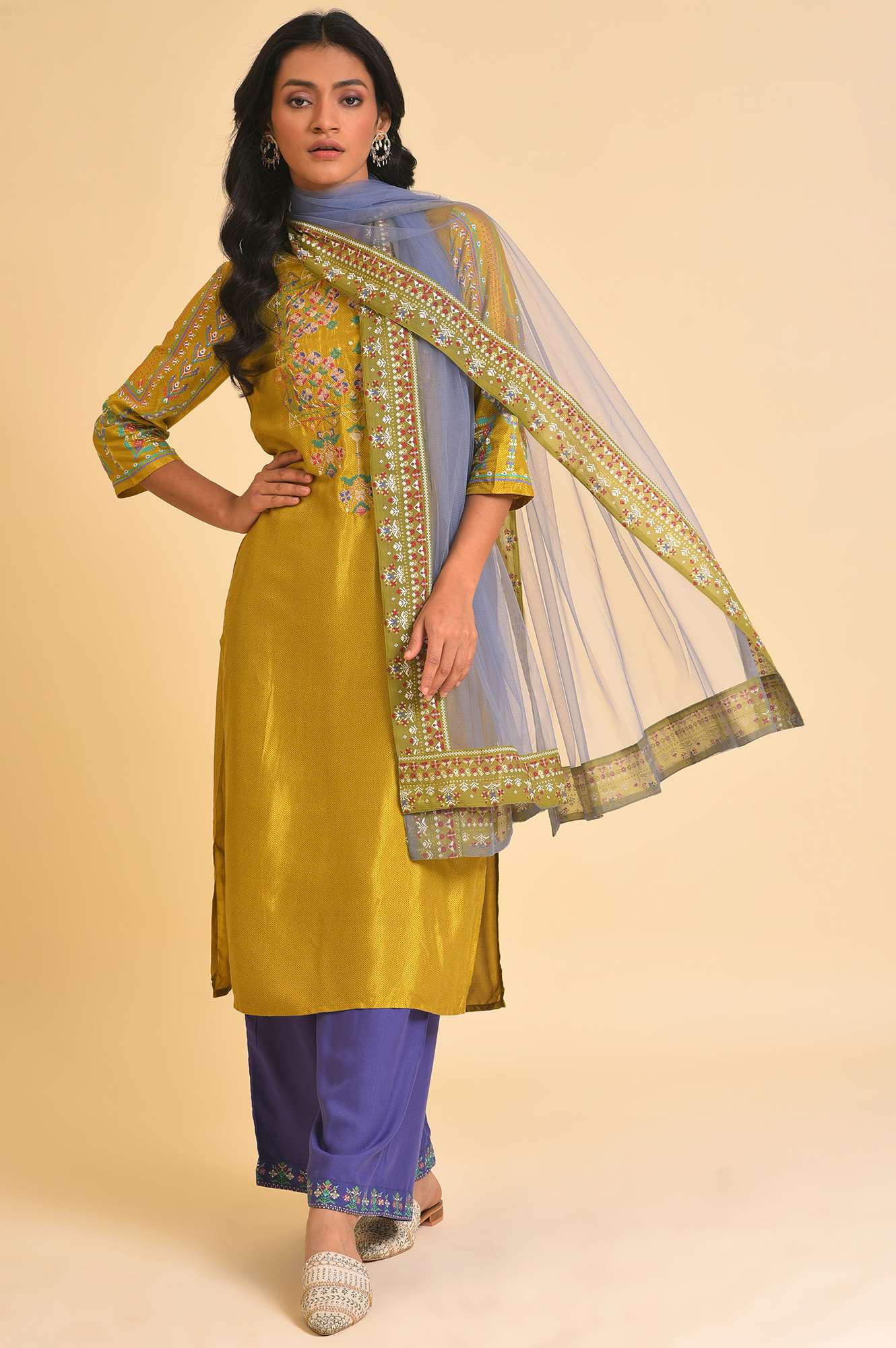 W for Woman Blue Net Dupatta With Printed Border