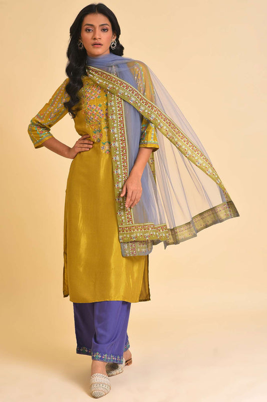 W for Woman Blue Net Dupatta With Printed Border