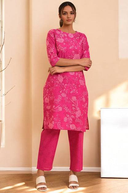 W for Woman Pink Floral Printed Cotton Kurta and Pants Co-ord Set