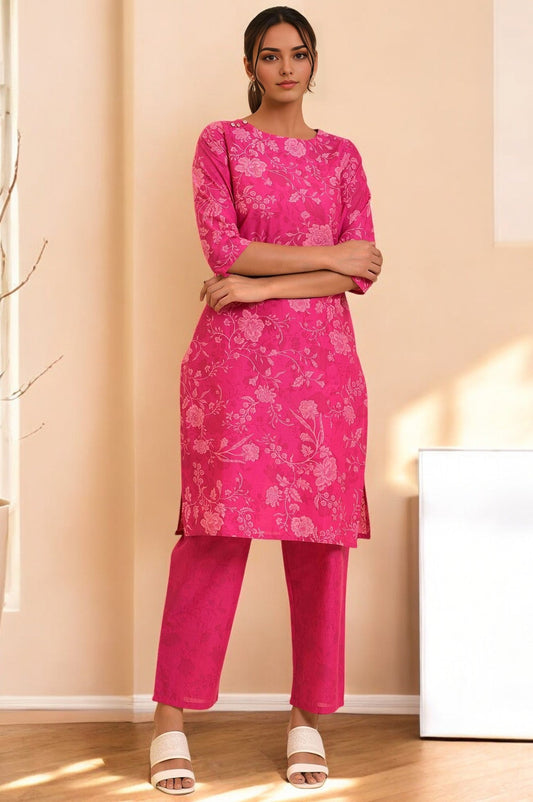 W for Woman Pink Floral Printed Cotton Kurta and Pants Co-ord Set