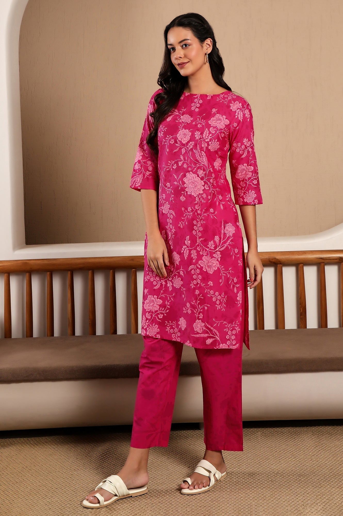 W for Woman Pink Floral Printed Cotton Kurta and Pants Co-ord Set