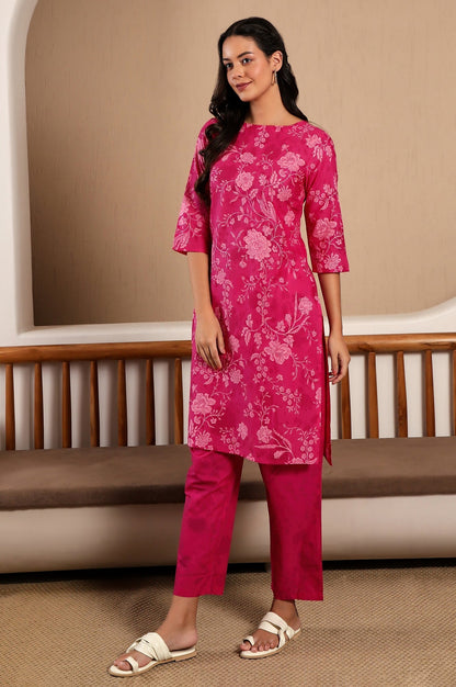 W for Woman Pink Floral Printed Cotton Kurta and Pants Co-ord Set