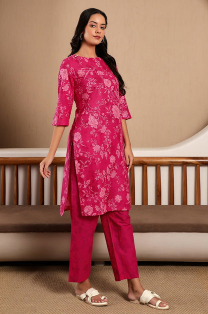 W for Woman Pink Floral Printed Cotton Kurta and Pants Co-ord Set