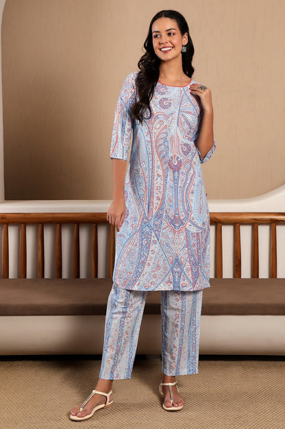 W for Woman Light Blue Paisley Printed Kurta and Pants Co-ord Set