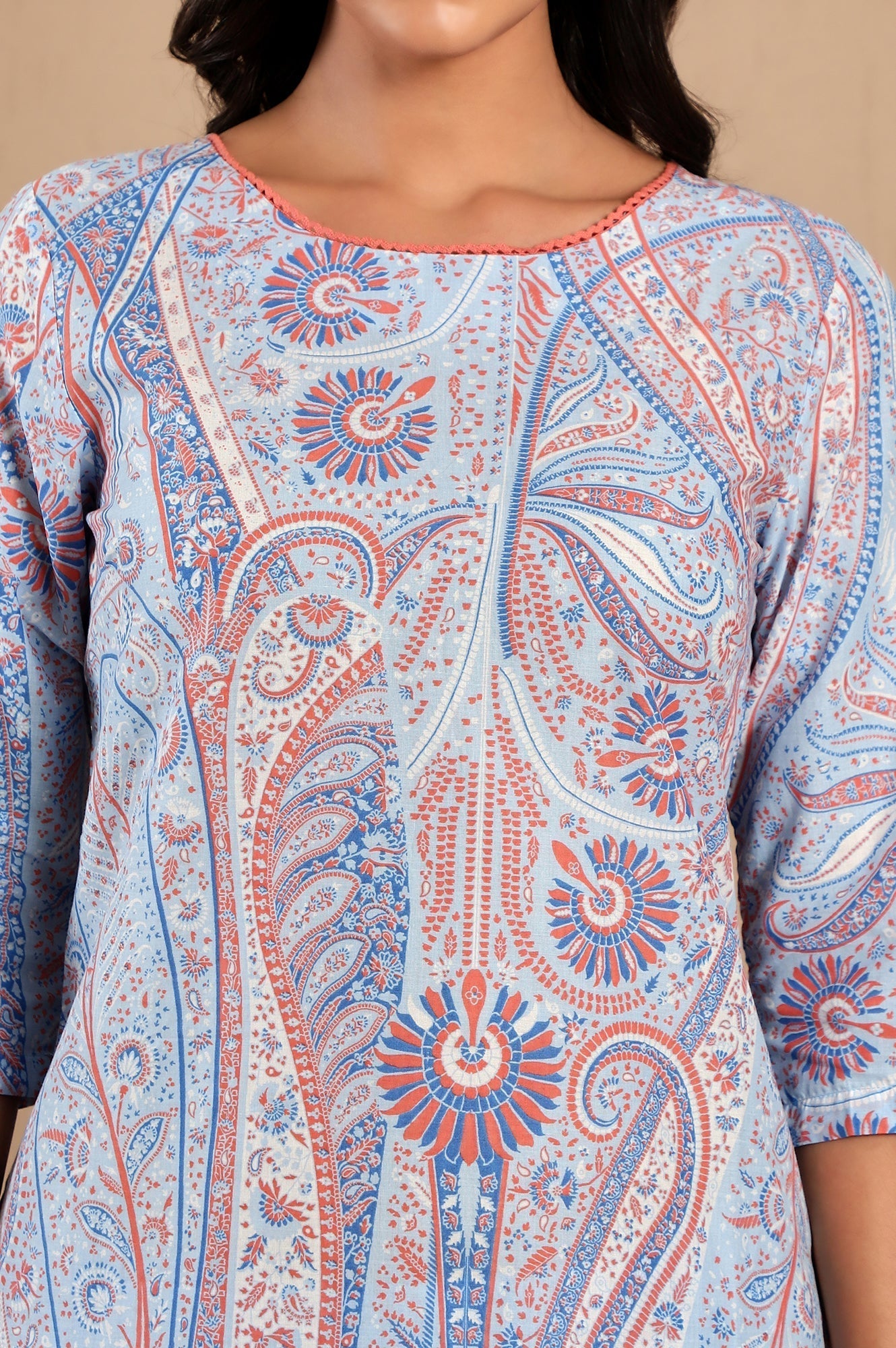 W for Woman Light Blue Paisley Printed Kurta and Pants Co-ord Set