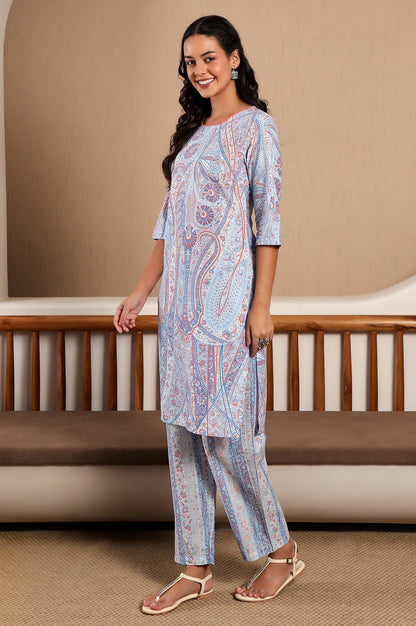 W for Woman Light Blue Paisley Printed Kurta and Pants Co-ord Set