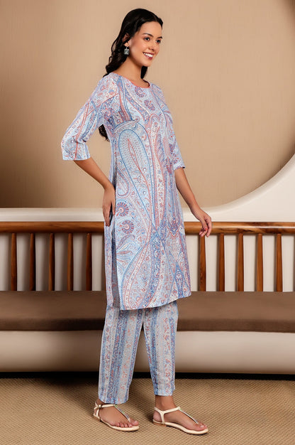 W for Woman Light Blue Paisley Printed Kurta and Pants Co-ord Set