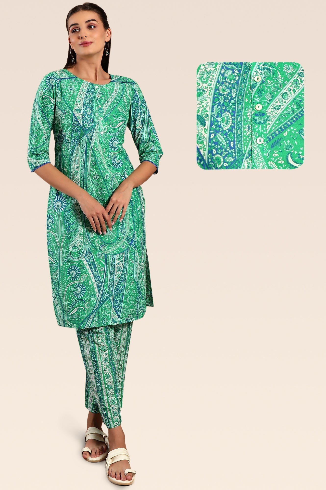 W for Woman Green Paisley Print Play Pure Cotton Straight Kurta and Straight Pants Co-ord Set