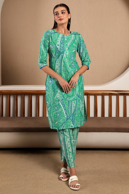 W for Woman Green Paisley Print Play Pure Cotton Straight Kurta and Straight Pants Co-ord Set