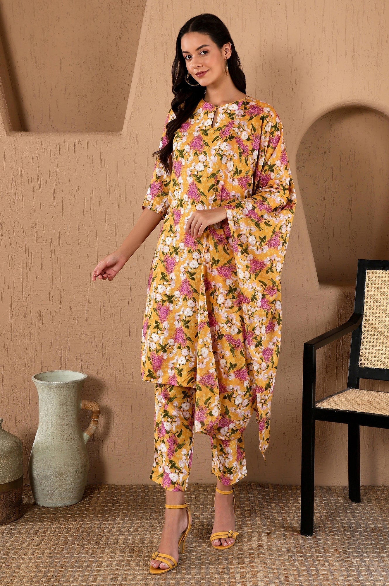 W for Woman Yellow Floral Printed Kurta, Pants and Dupatta Set