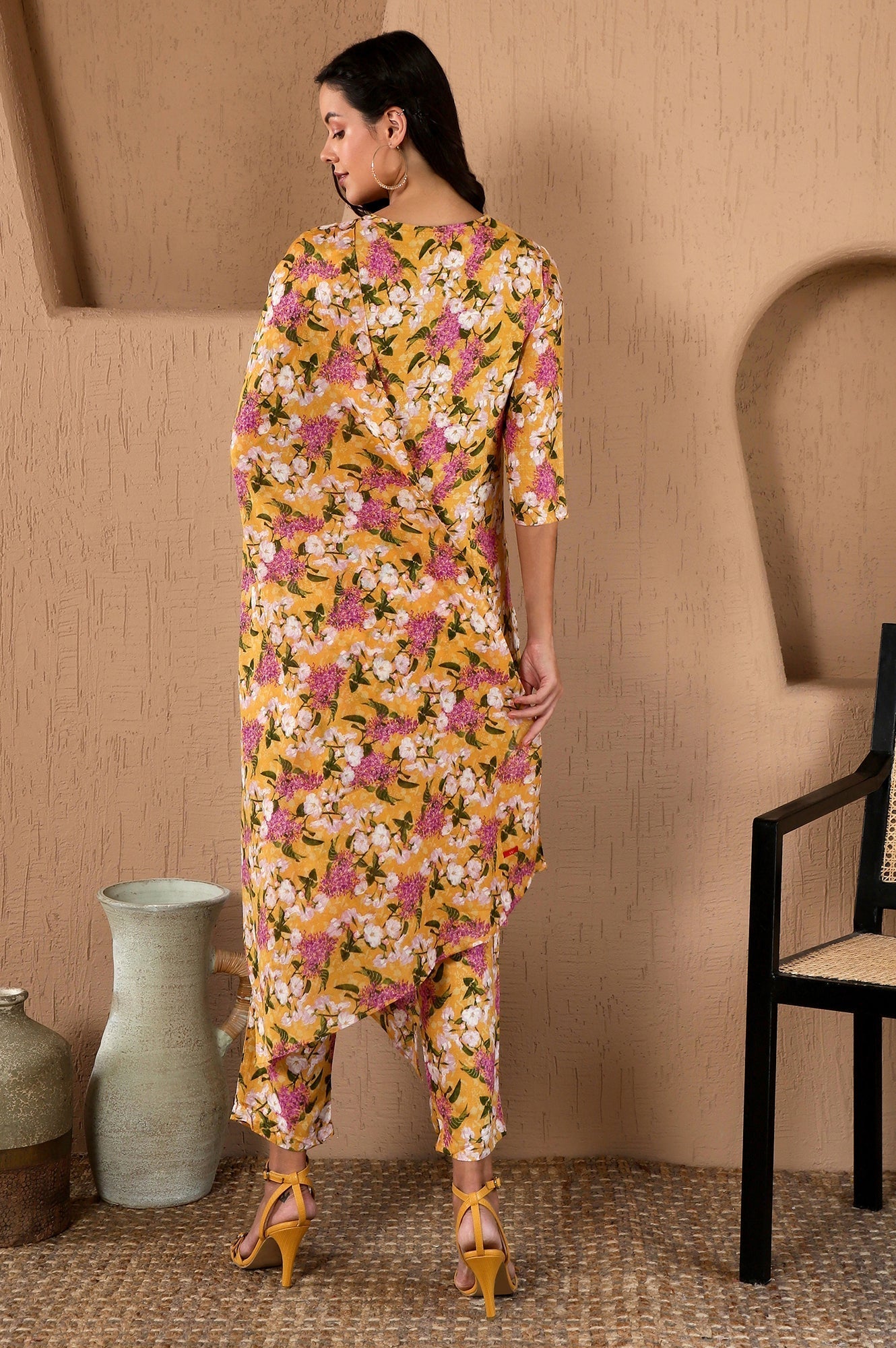 W for Woman Yellow Floral Printed Kurta, Pants and Dupatta Set