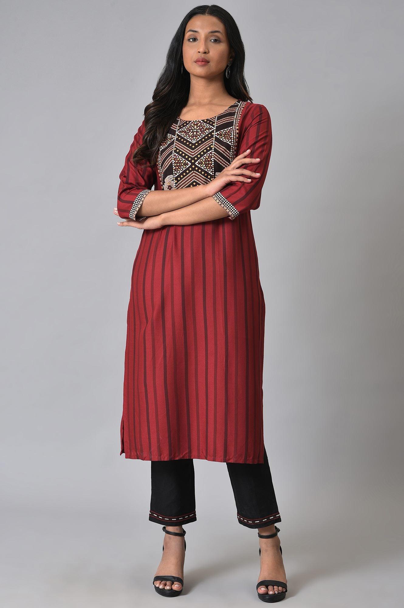 W for Woman Red Stripe Sraight kurta Set