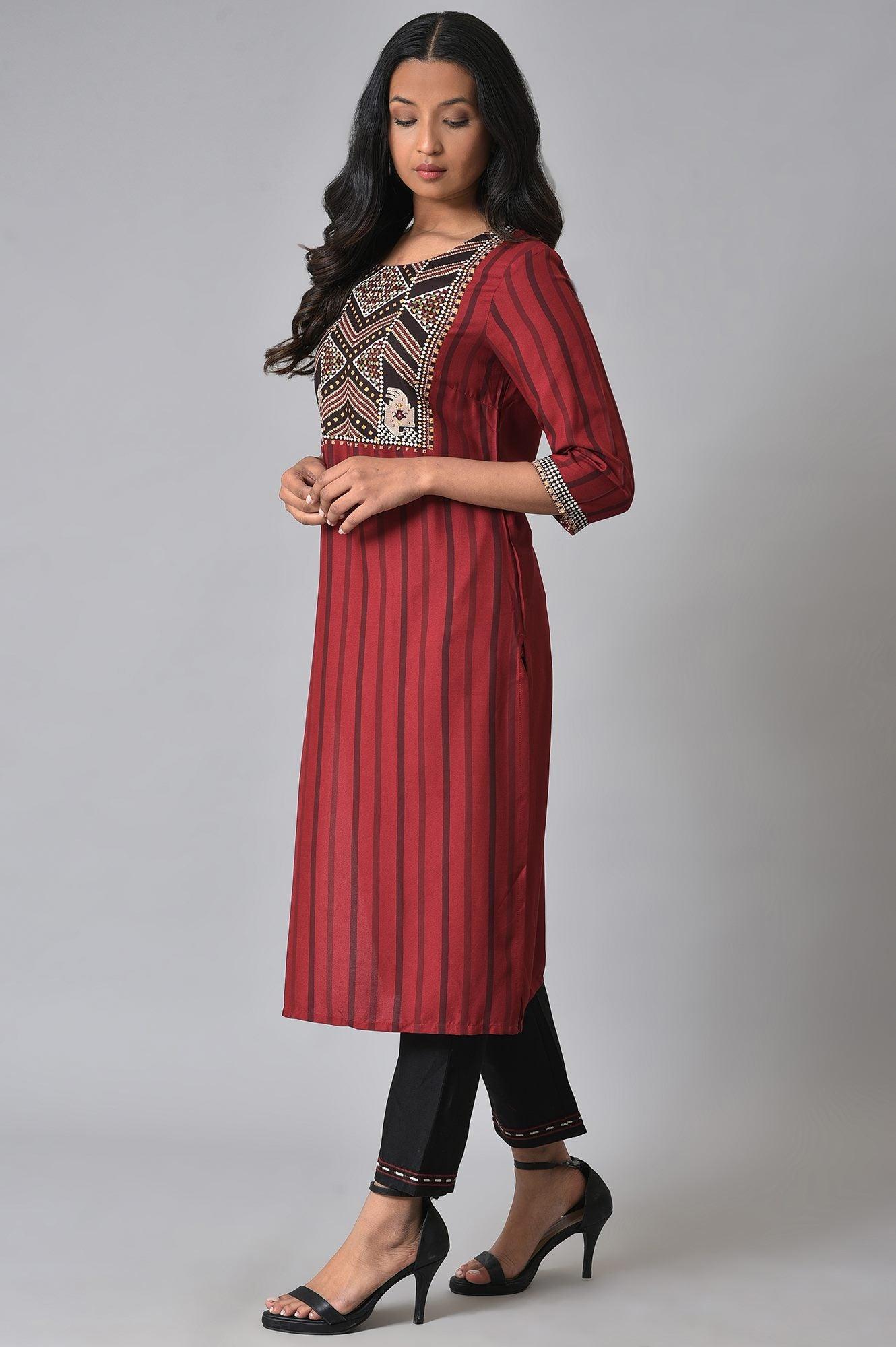 W for Woman Red Stripe Sraight kurta Set