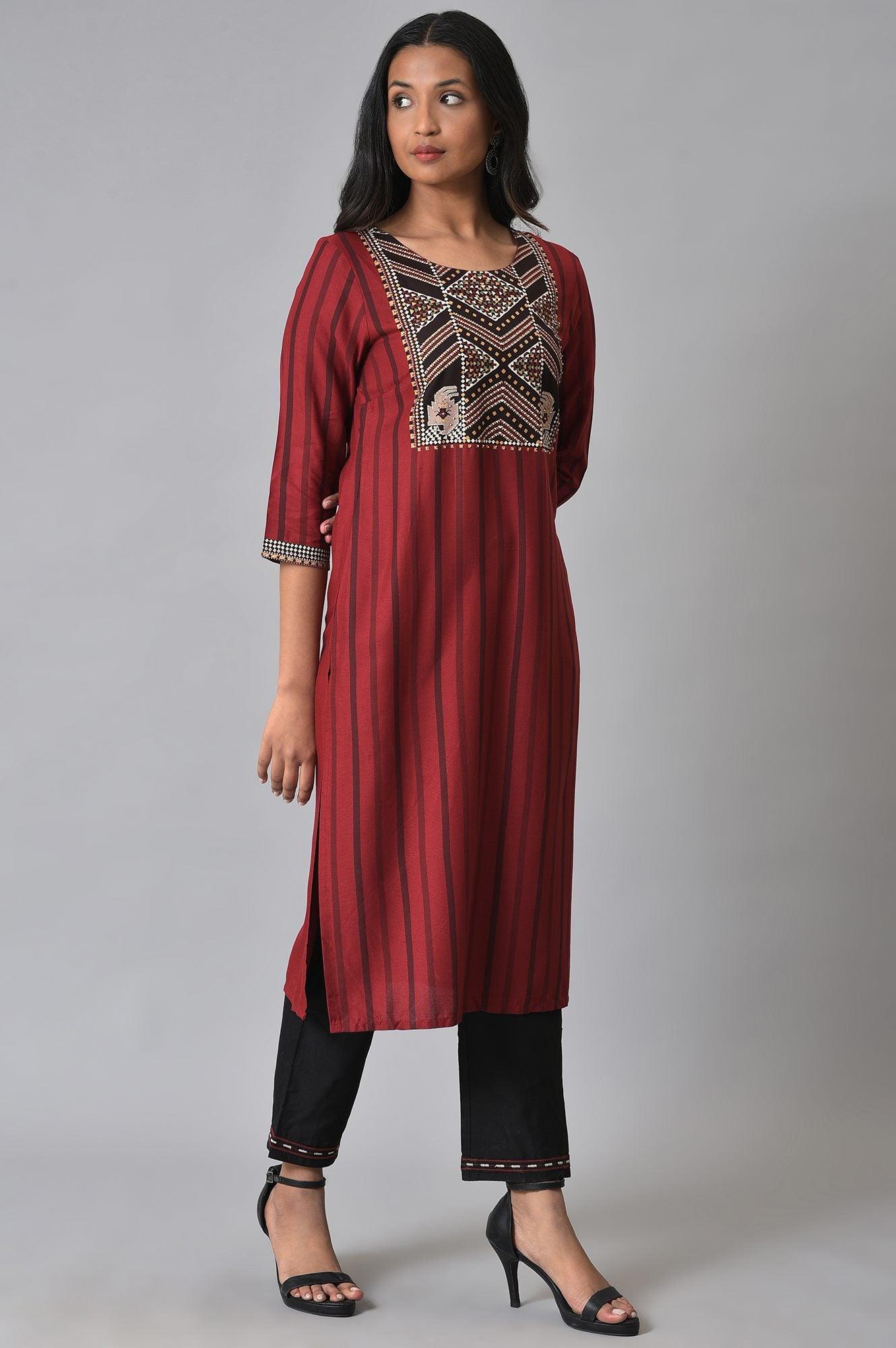 W for Woman Red Stripe Sraight kurta Set
