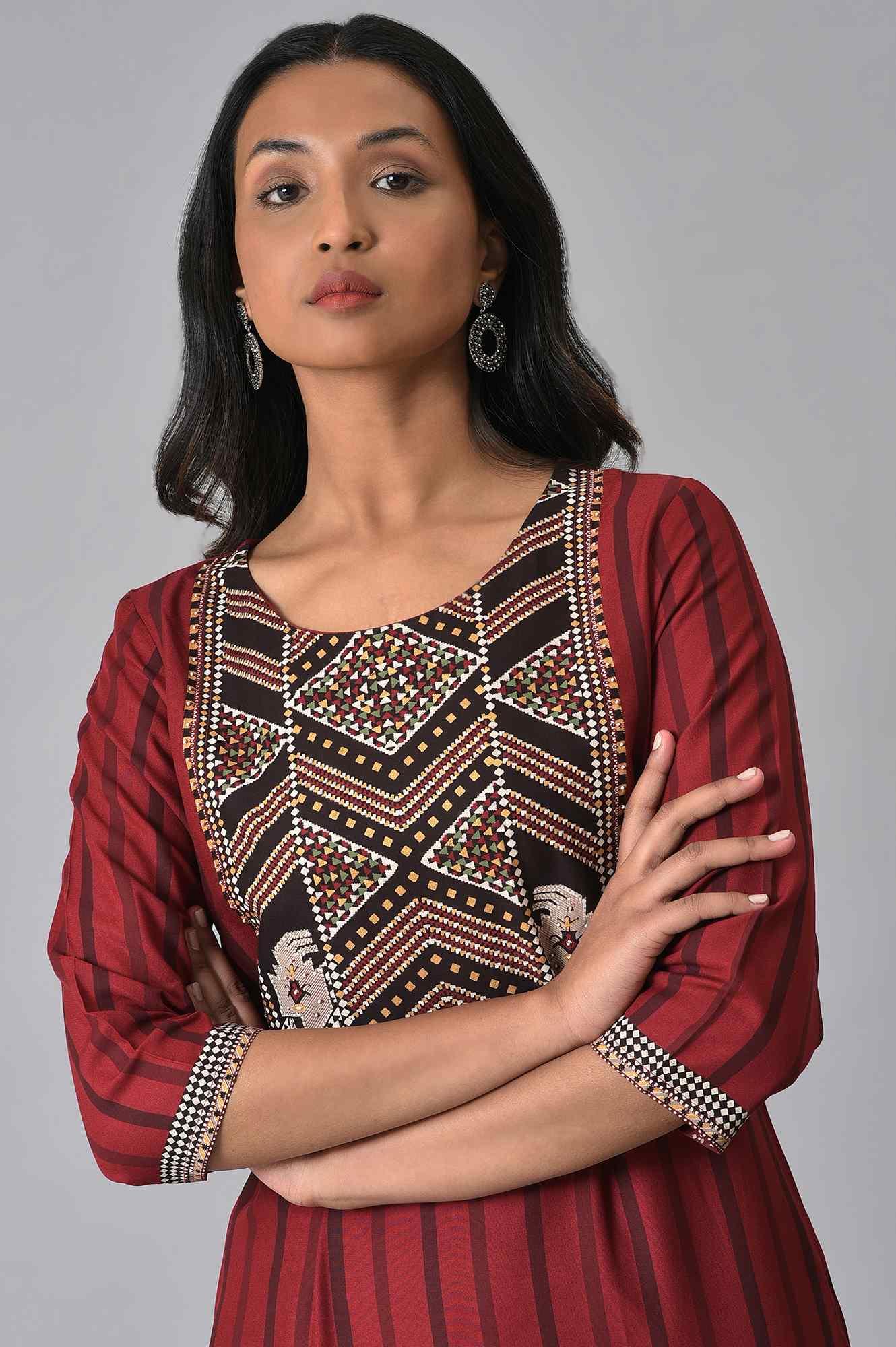 W for Woman Red Stripe Sraight kurta Set