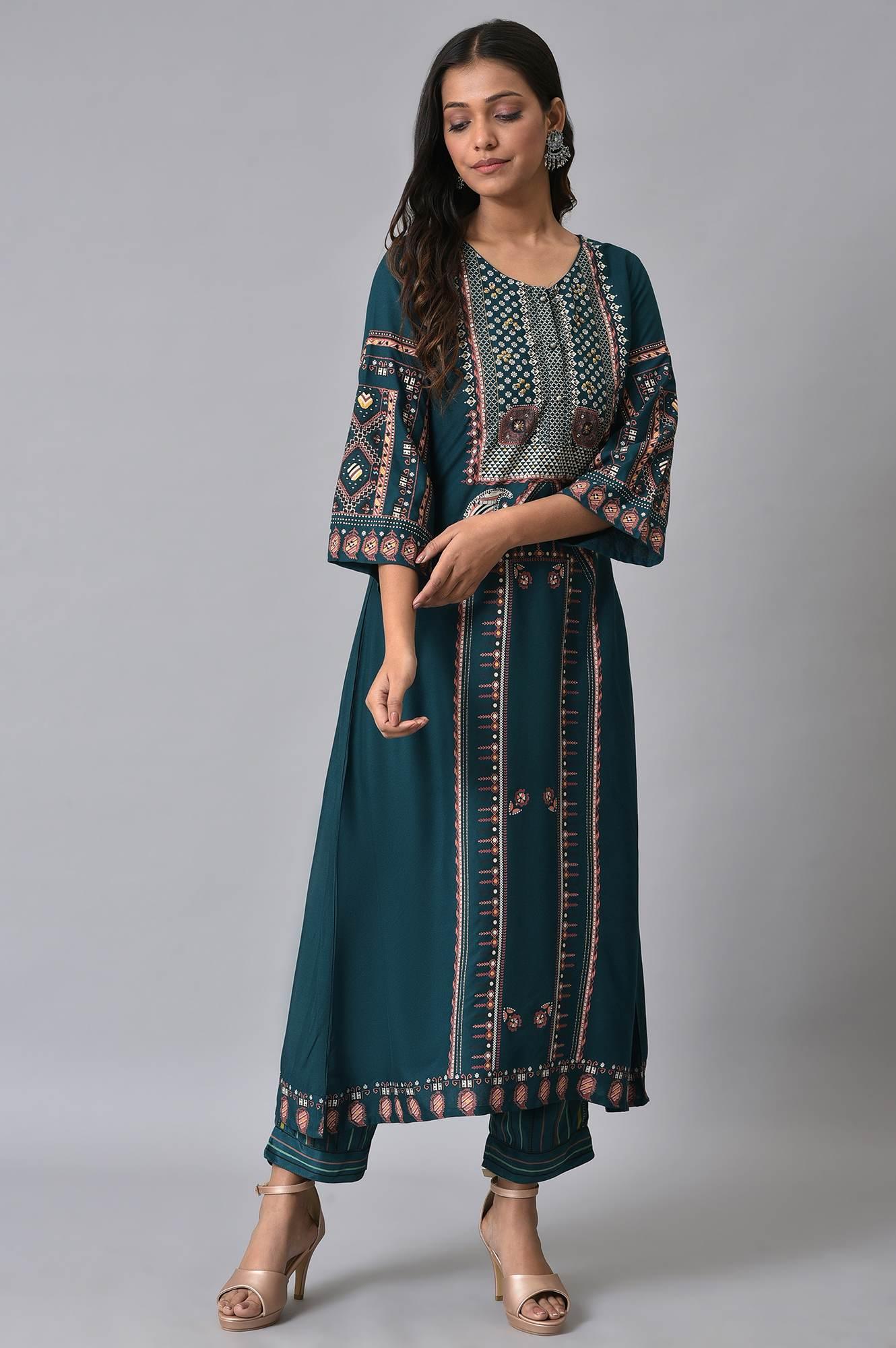 W for Woman Teal Printed A-Line kurta Set