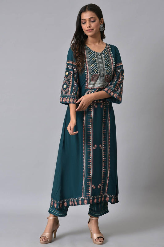 W for Woman Teal Printed A-Line kurta Set