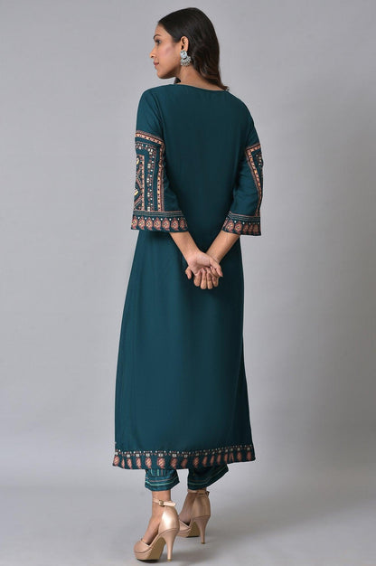 W for Woman Teal Printed A-Line kurta Set
