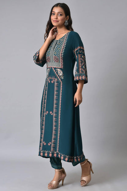 W for Woman Teal Printed A-Line kurta Set