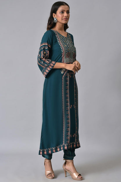 W for Woman Teal Printed A-Line kurta Set