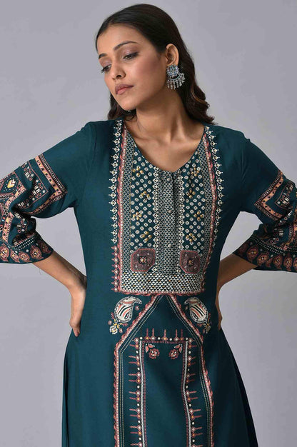W for Woman Teal Printed A-Line kurta Set