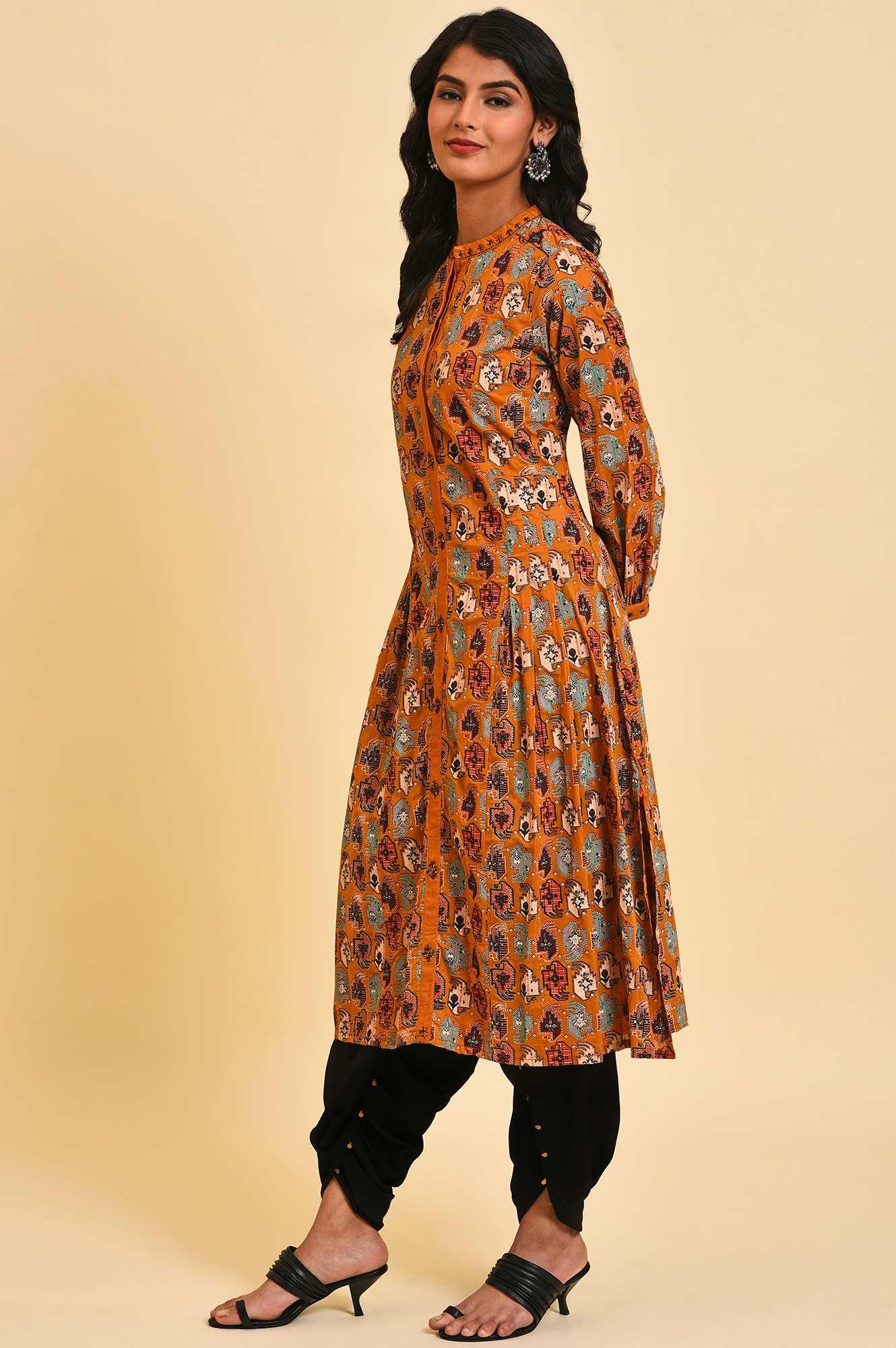 W for Woman Dark Yellow Printed Shirt Dress Set