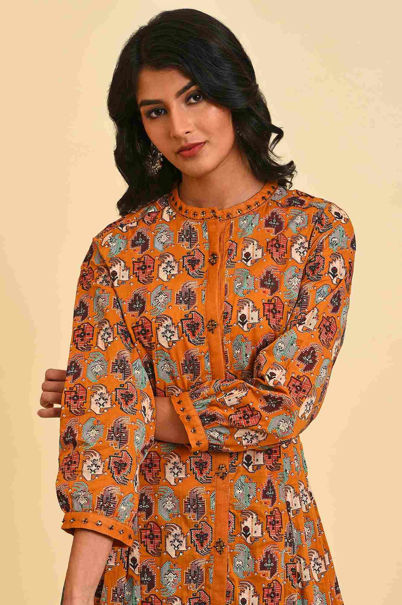 W for Woman Dark Yellow Printed Shirt Dress Set
