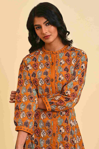 W for Woman Dark Yellow Printed Shirt Dress Set