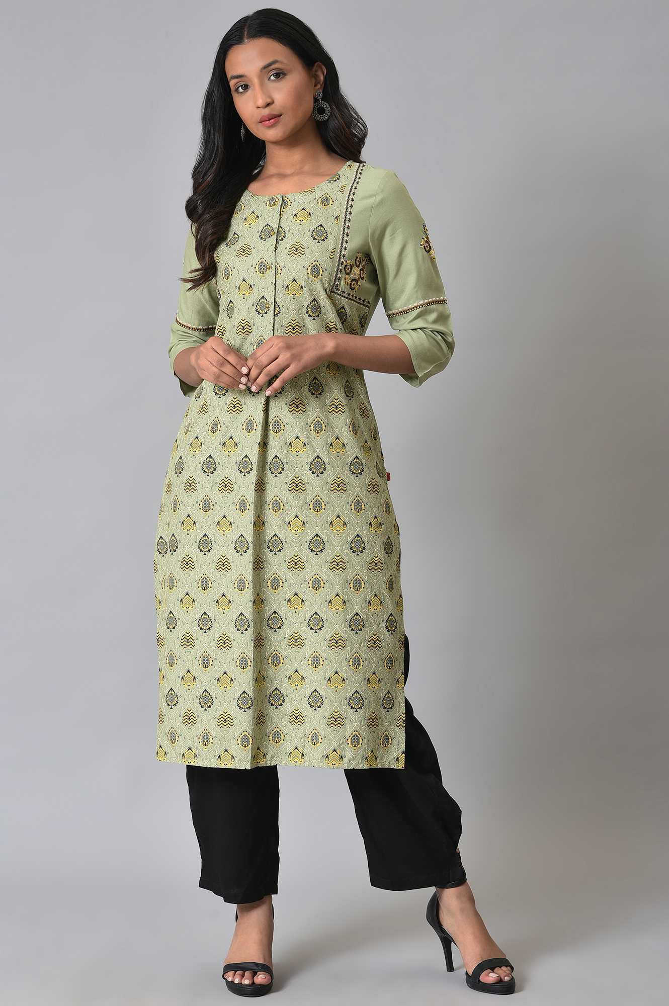 W for Woman Light Green Printed kurta Set