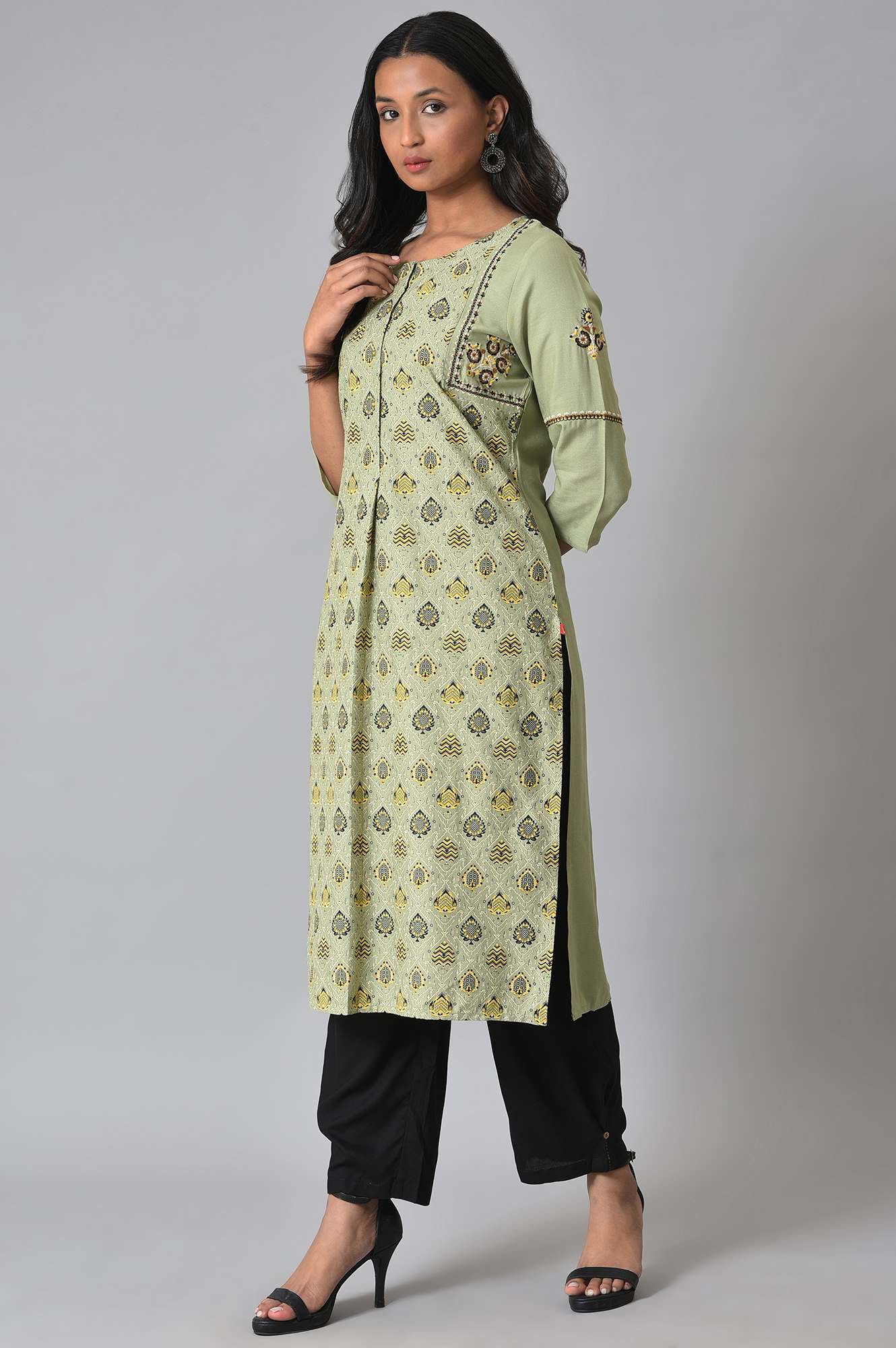 W for Woman Light Green Printed kurta Set