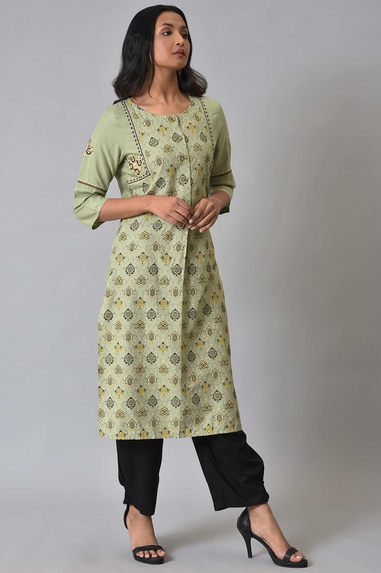 W for Woman Light Green Printed kurta Set