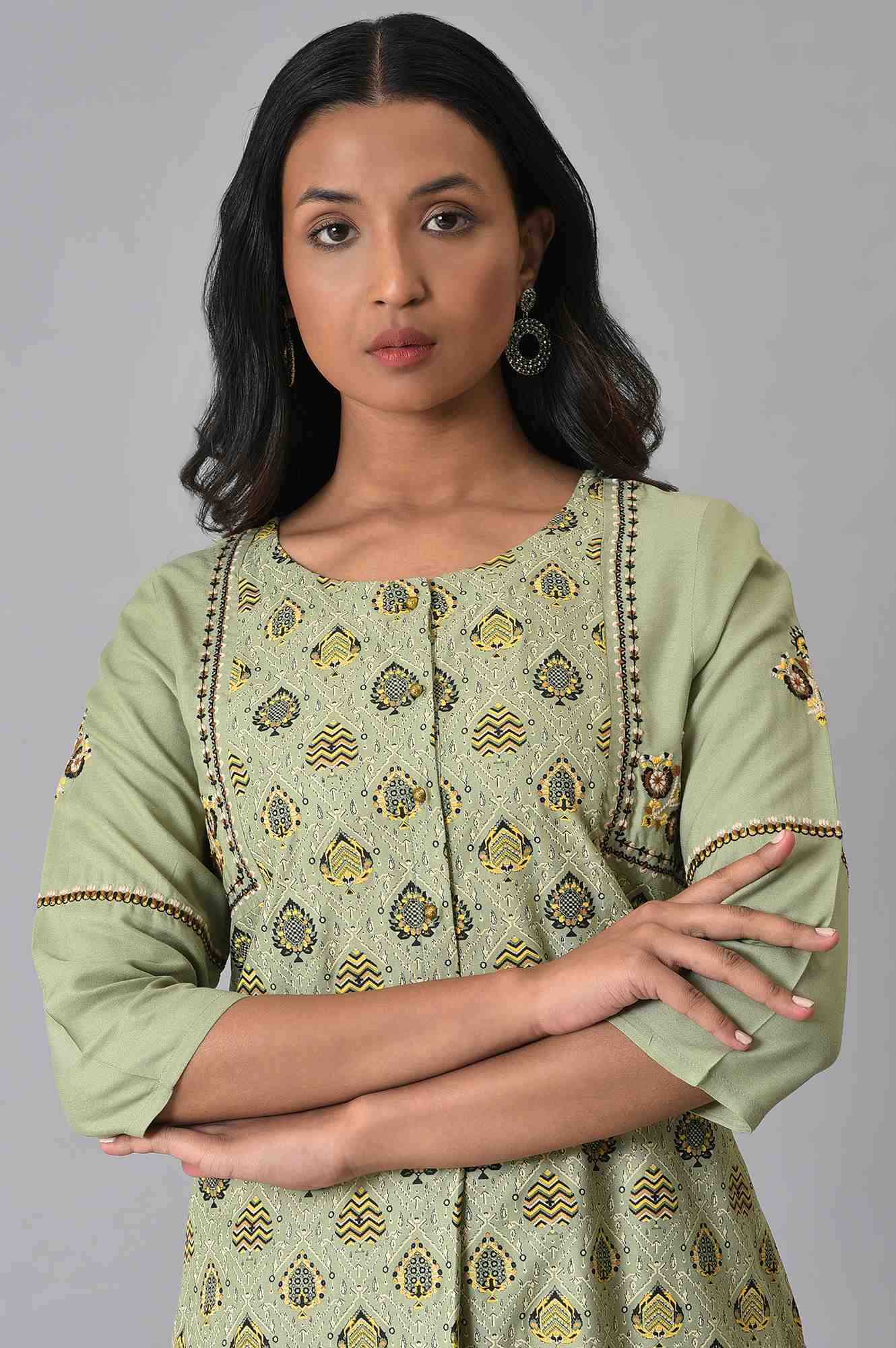 W for Woman Light Green Printed kurta Set