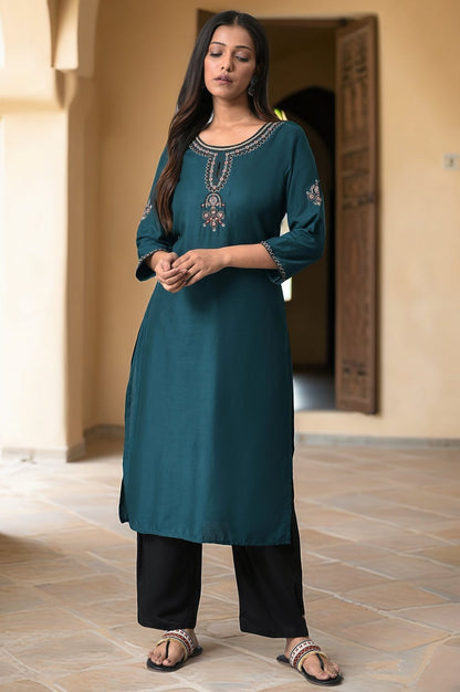 W for Woman Teal Embroidered kurta Set