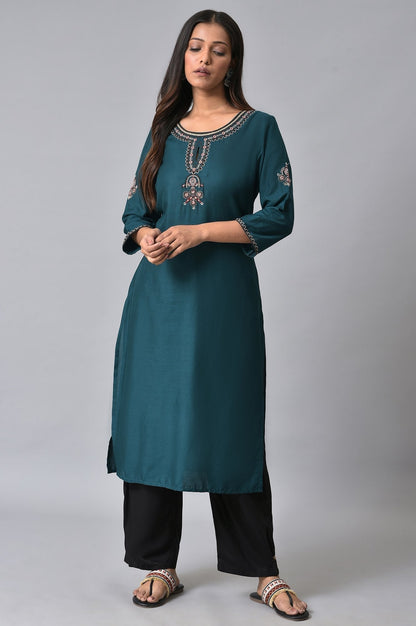 W for Woman Teal Embroidered kurta Set