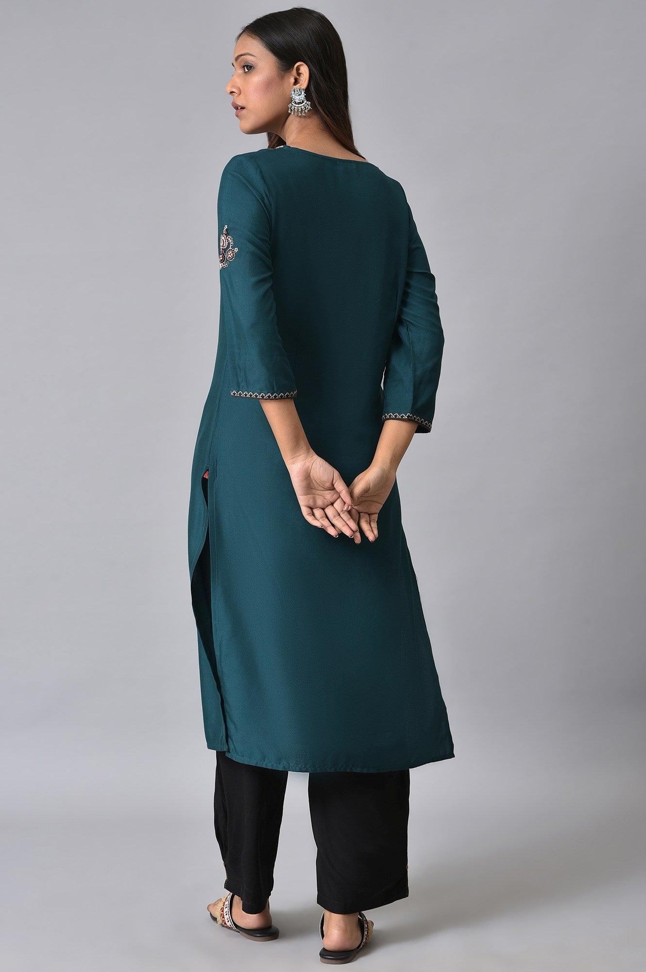 W for Woman Teal Embroidered Round Neck kurta