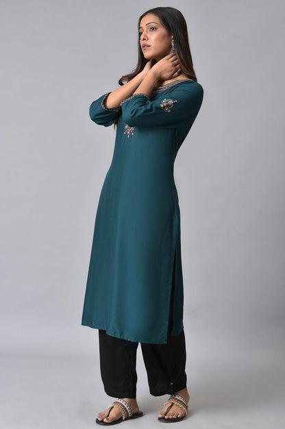 W for Woman Teal Embroidered Round Neck kurta