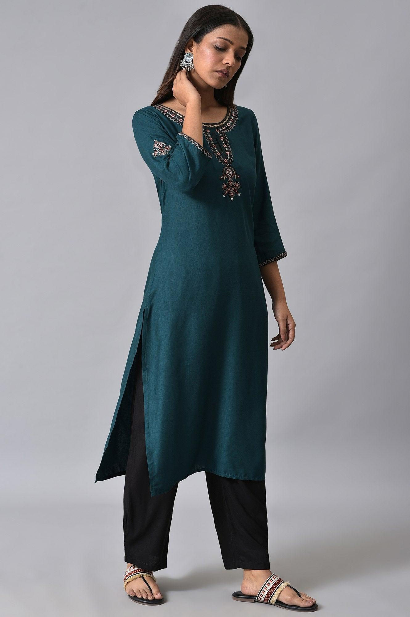 W for Woman Teal Embroidered Round Neck kurta