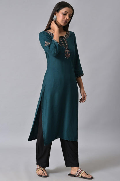 W for Woman Teal Embroidered Round Neck kurta