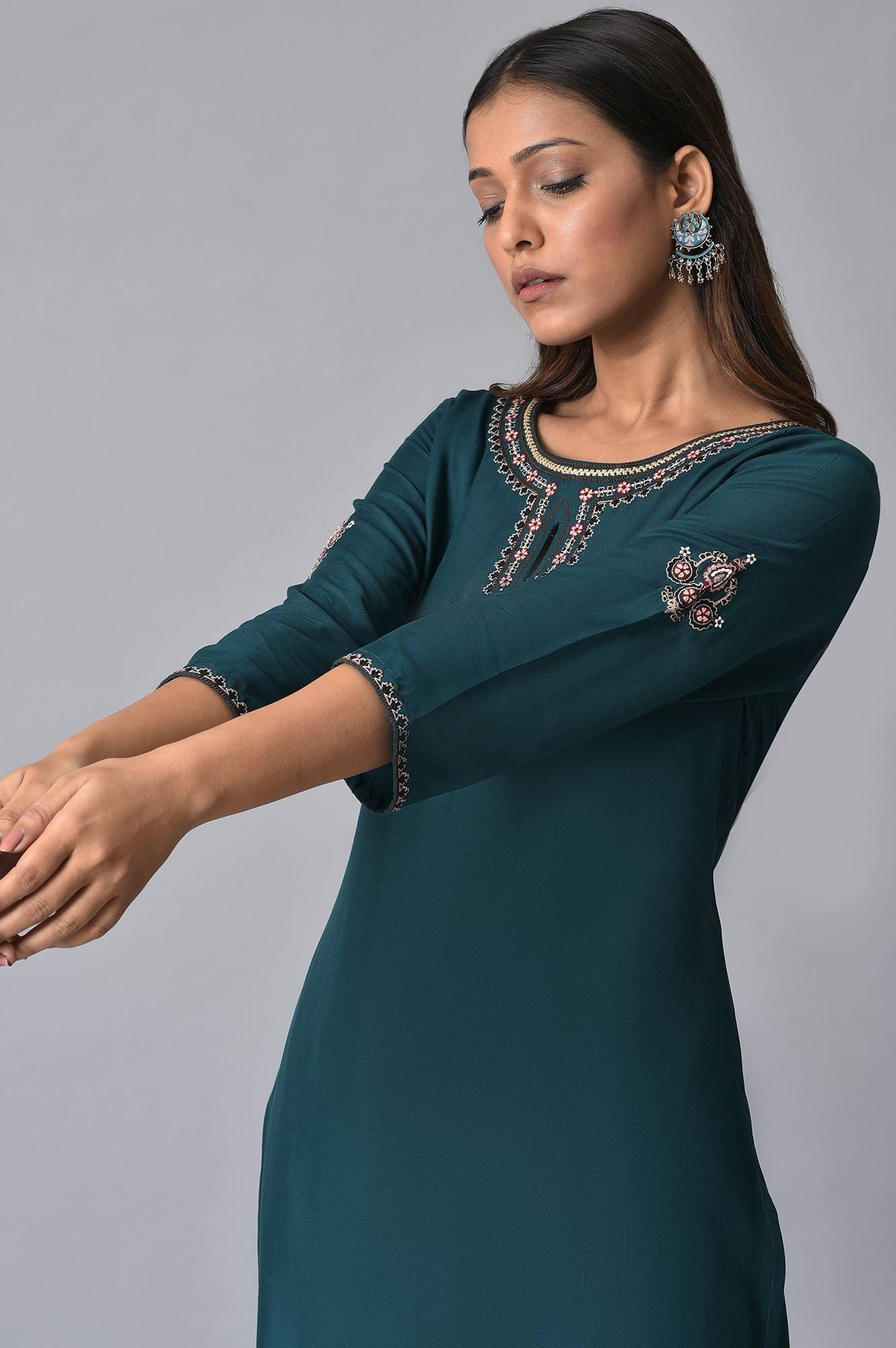 W for Woman Teal Embroidered Round Neck kurta