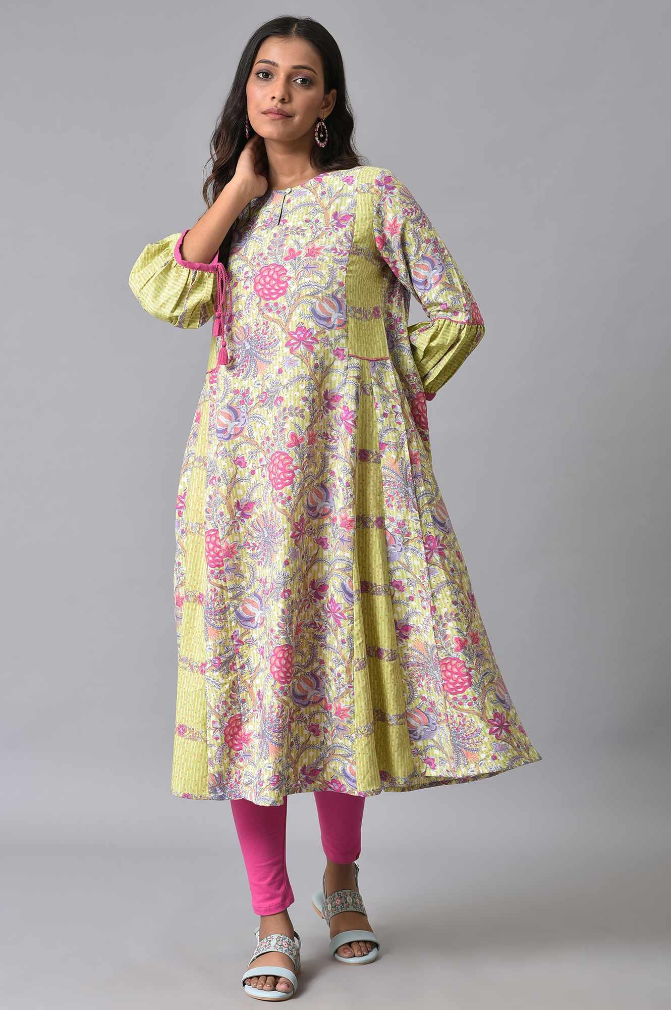 W for Woman Green Printed Godget Summer Dress With Pink Tights