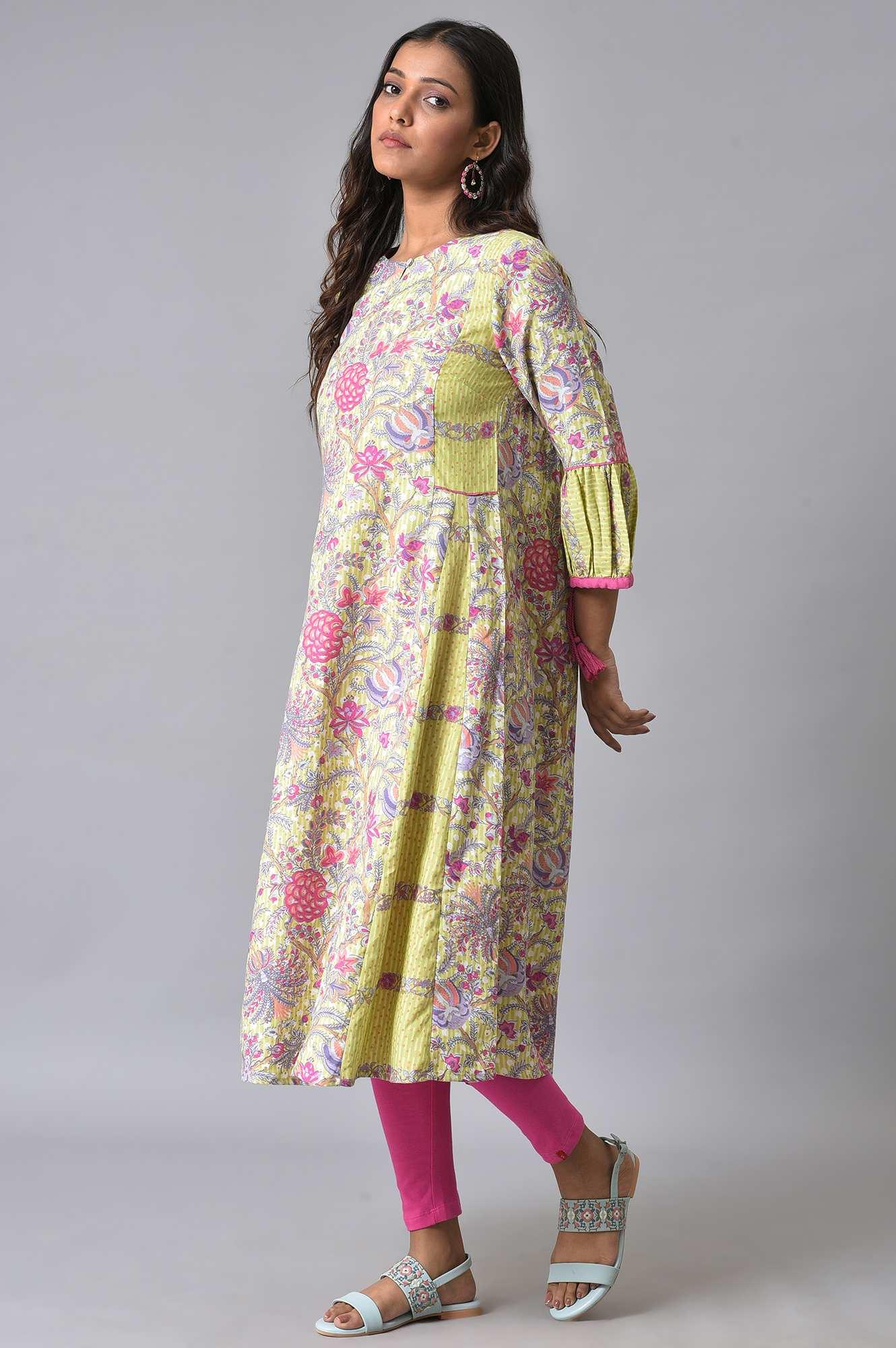 W for Woman Green Printed Godget Summer Dress With Pink Tights