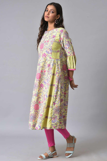 W for Woman Green Printed Godget Summer Dress With Pink Tights