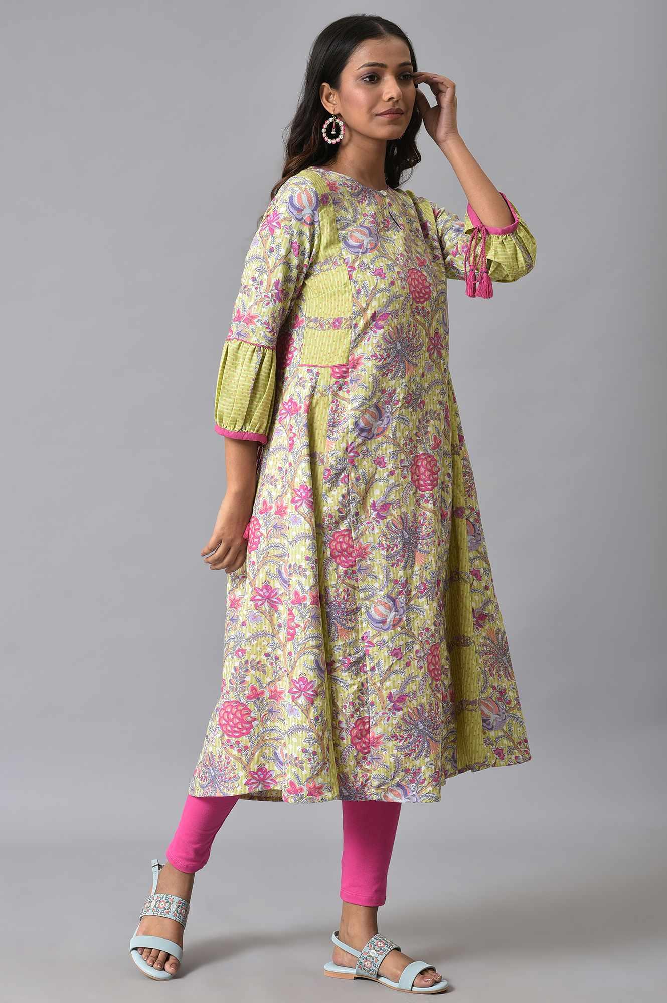 W for Woman Green Printed Godget Summer Dress With Pink Tights