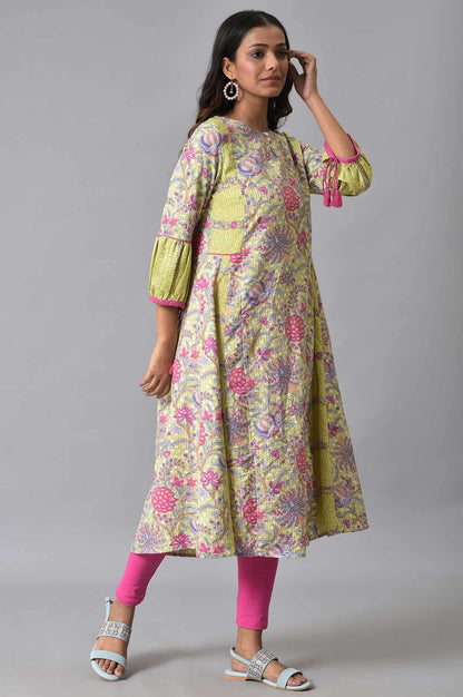 W for Woman Green Printed Godget Summer Dress With Pink Tights
