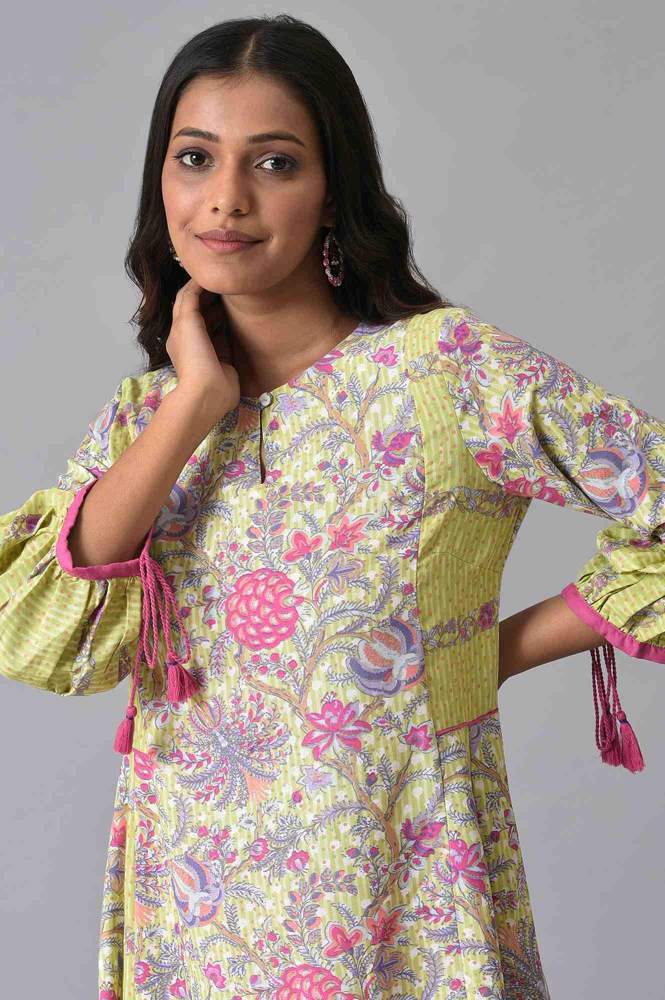 W for Woman Green Printed Godget Summer Dress With Pink Tights